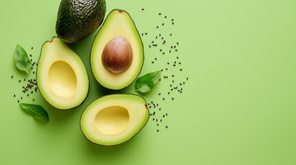 Fresh avocado halves with seeds lying on green background