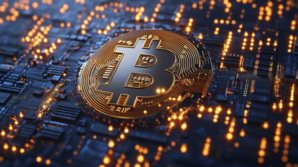 Bitcoin cryptocurrency symbol shining on motherboard with lights