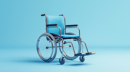 Fototapeta premium Modern empty wheelchair standing on blue background