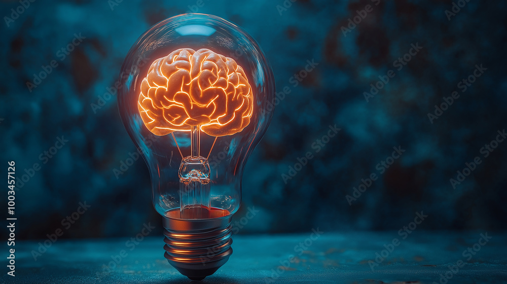 Poster glowing brain inside a light bulb symbolizing ideas and innovation