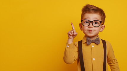 Young boy is raising his index finger, showing that he has just had a good idea