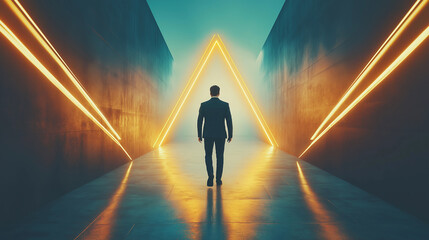 Businessman walking in corridor with neon lights triangle