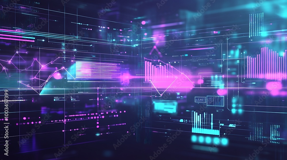 Poster abstract digital background with glowing lines, charts, and graphs in vibrant neon colors.