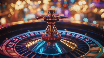 Roulette wheel spinning with blurred casino lights in background