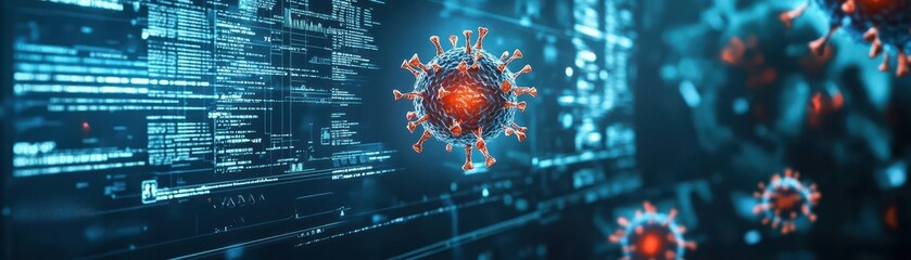Flu virus mutation analysis, holographic strain breakdown, dark tech lab, futuristic medical interface