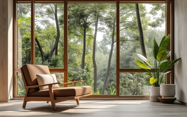 Stylish armchair with brown cushion by large windows and houseplant on white pot showing a tranquil forest view. modern interior design natural view
