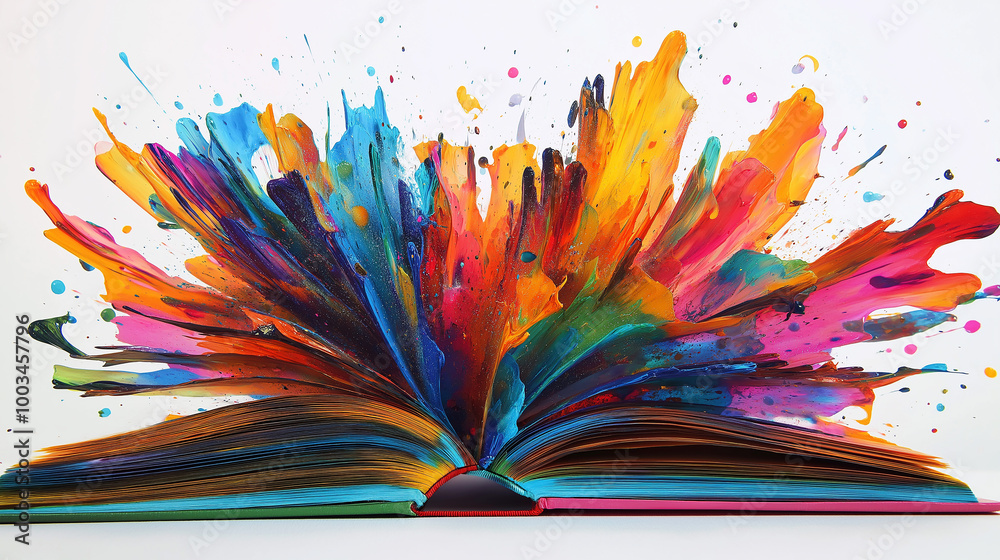 Poster Open book exploding with colorful paint splashing on white background