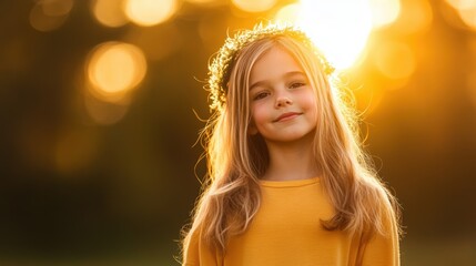 A young girl smiling gently, bathed in the warm golden light of a sunset, wearing a floral headband