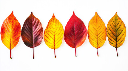 Six colorful autumn leaves lying on white background