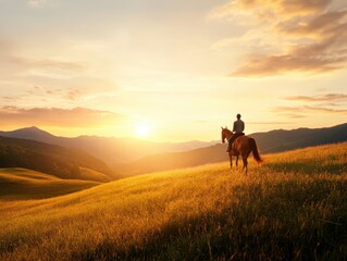 A lone rider on horseback traverses a grassy hillside during sunset, evoking freedom and connection with nature in a serene landscape.