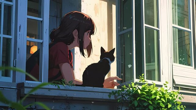 A lofi girl gazes out the window with her black-and-white cat, enjoying the warm light of a sunny afternoon seamless loop animation created with generative ai