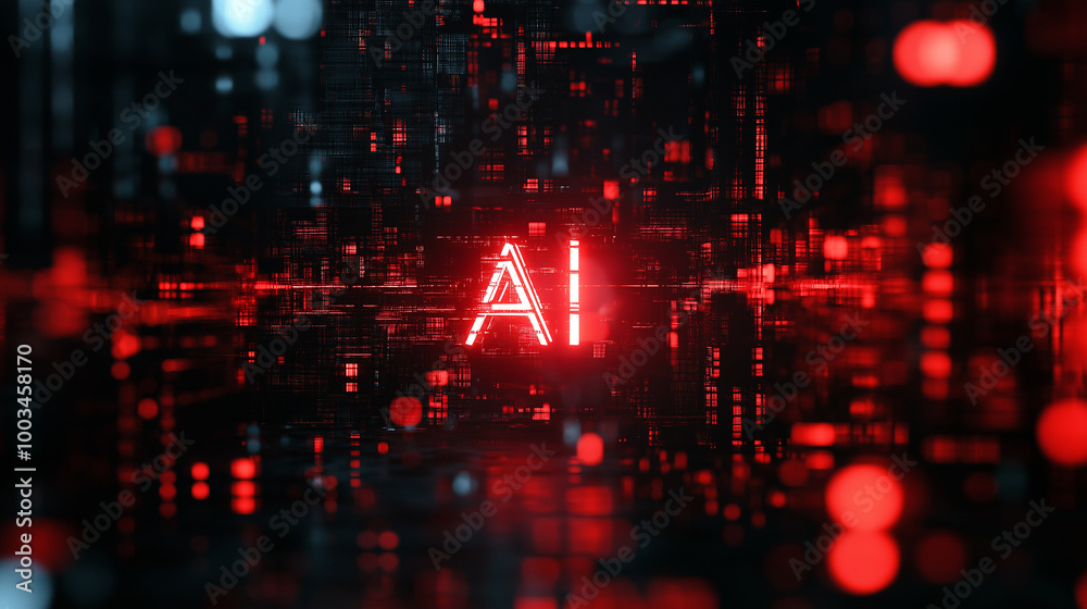 Poster Glowing red ai symbol is surrounded by computer circuitry