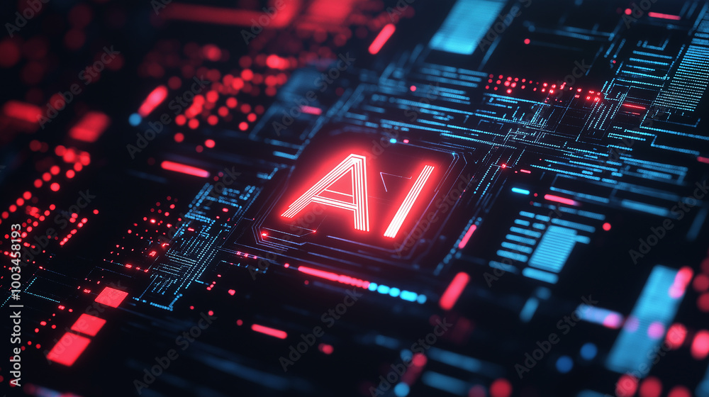 Poster Artificial intelligence cpu is glowing red on motherboard