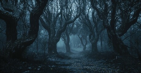 A misty forest path at night with tall trees and bare branches