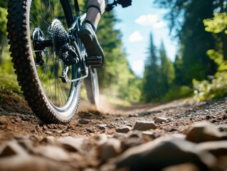 A close-up view of a mountain bike navigating a rugged, rocky trail surrounded by nature, embodying the thrill and challenge of off-road cycling.