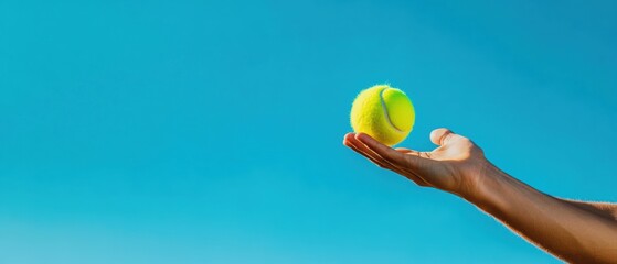 A hand gently tossing a tennis ball under a clear blue sky, with copy space