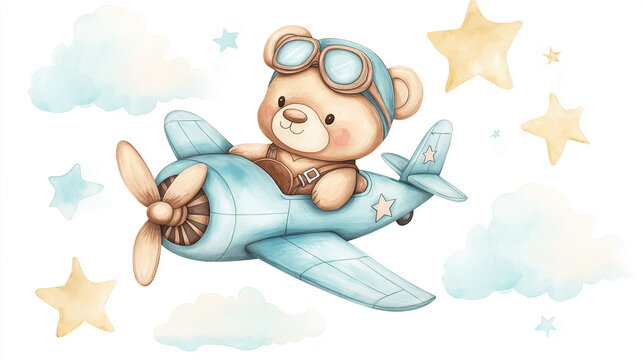 recommend clip art: Cute teddy bear flying a blue plane in the sky illustration
