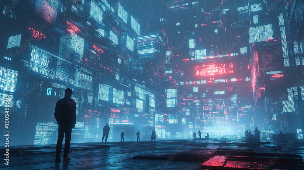 Poster people walking in futuristic city with data flowing around them