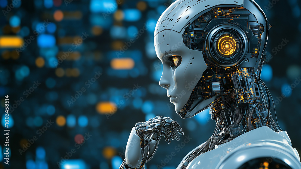 Aufkleber white and chrome ai android contemplating on blue background