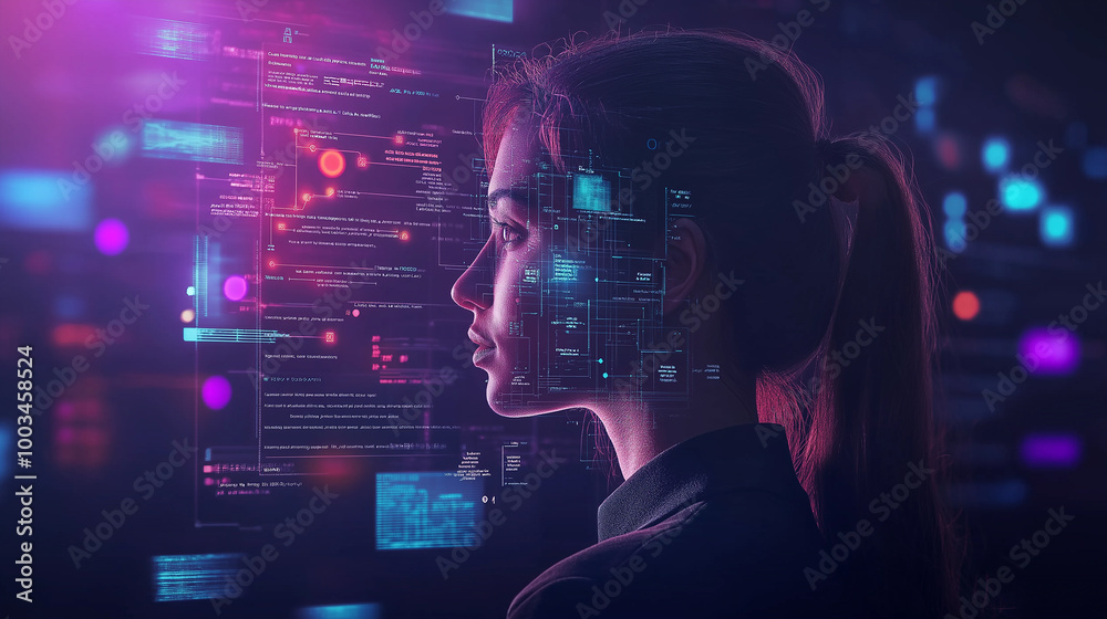 Aufkleber Woman programmer analyzing data code projected over face in futuristic server room