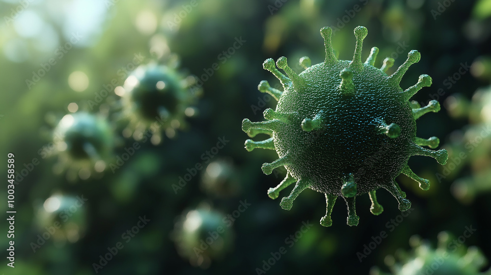 Poster microscopic view of coronavirus cells floating with a green background