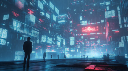 People walking in futuristic city with data flowing around them