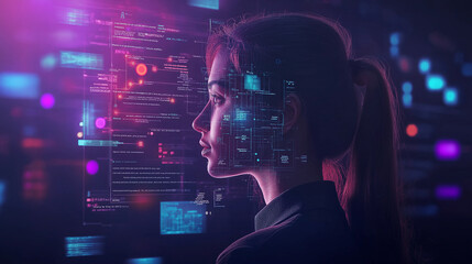 Woman programmer analyzing data code projected over face in futuristic server room