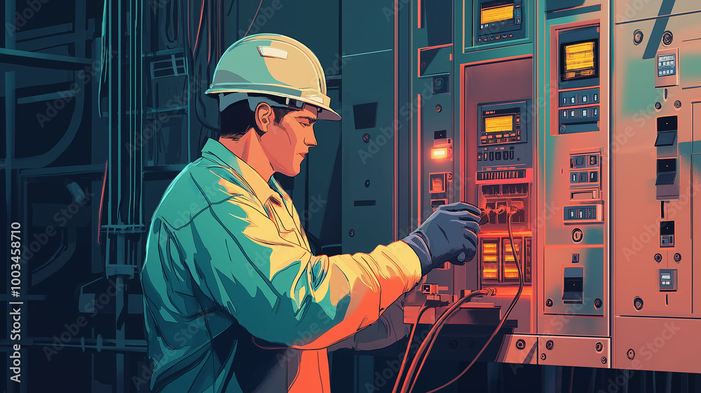 Poster electrician working on a control panel in a server room