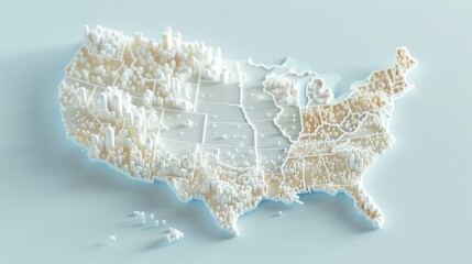 3D Visualization of United States Map, intricate geographical details, vibrant colors, showcasing states and major cities, ideal for educational and informational purposes.