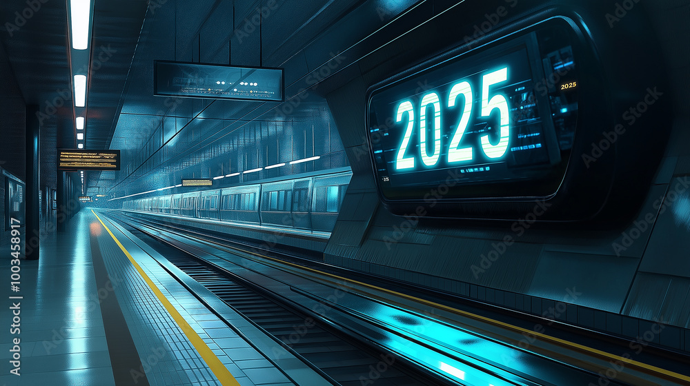 Poster futuristic subway station showing 2025 on digital display