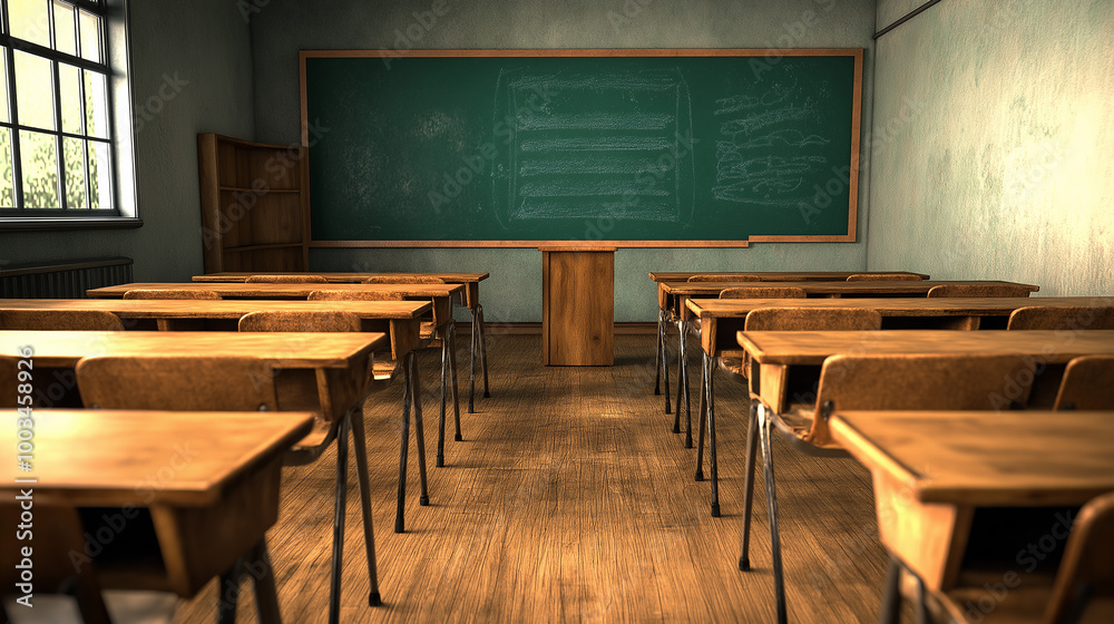 Poster rows of empty school desks facing a chalkboard in a vintage classroom