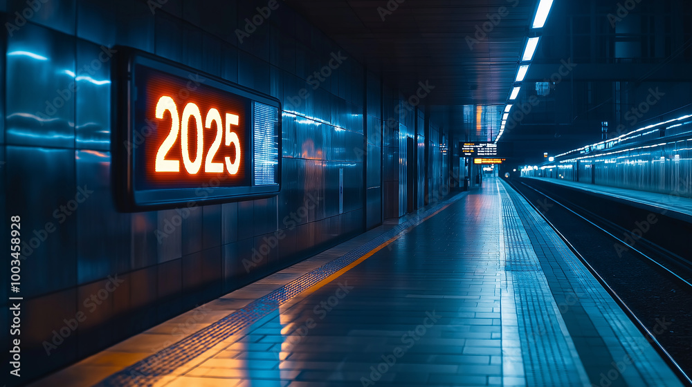Aufkleber Subway station platform showing year 2025 on digital display