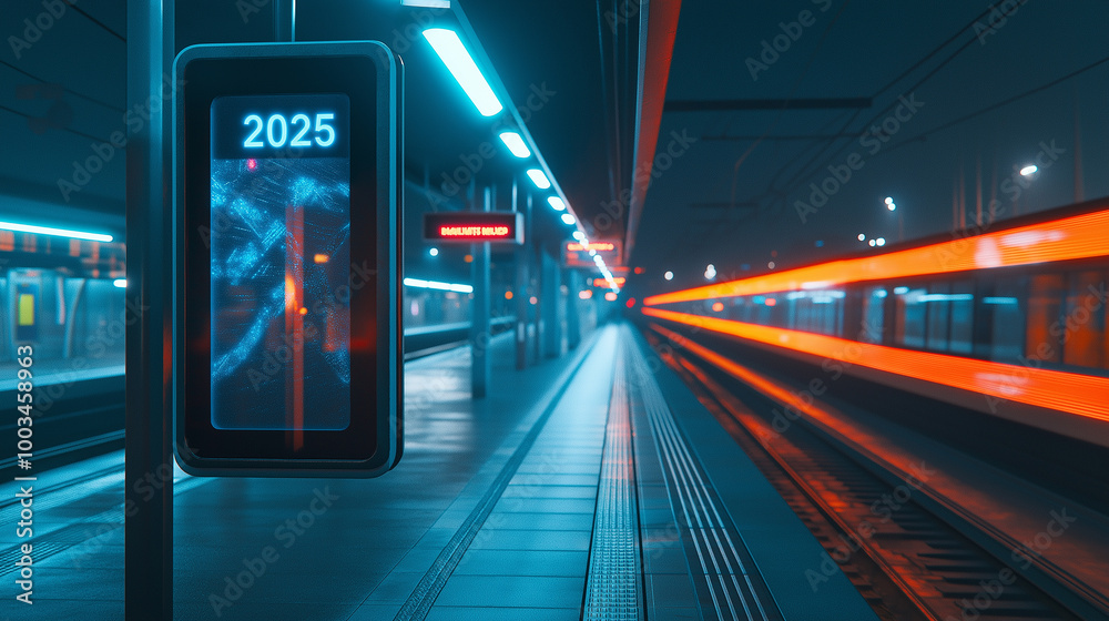 Poster futuristic subway station showing 2025 on digital display at night