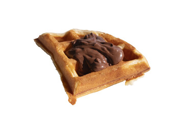 Piece of delicious waffle with chocolate sauce isolated on white