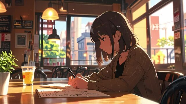 A lofi girl with short black hair thoughtfully studies a menu in a cozy caf�, bathed in warm sunlight seamless loop animation created with generative ai