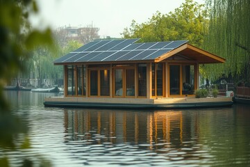Obraz premium Solar-powered floating house on a river, with sustainable materials and rainwater collection, Floating river eco-home, low-impact water architecture