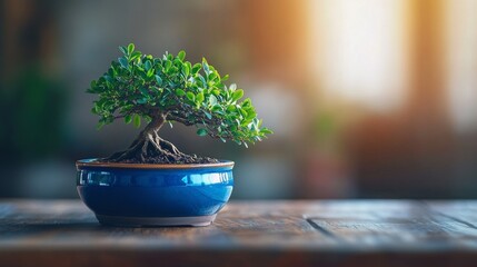 Bonsai tree in blue pot on wooden