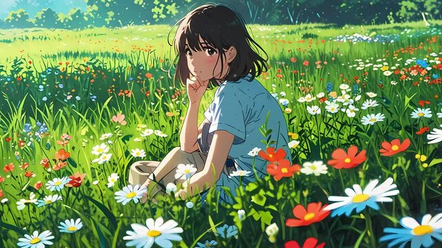 A lofi girl sits contemplatively among vibrant flowers in a sunlit field, surrounded by nature's beauty seamless loop animation created with generative ai
