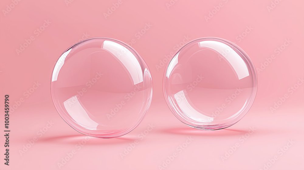 Poster two soap bubbles floating on a pink background