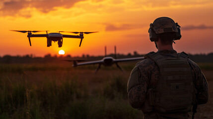 Soldier supervising military drones flying at sunset