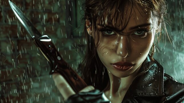 Stylish psychopath woman posing for mafia with knife in her hand AI generated image