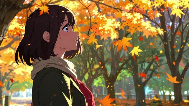 A lofi girl gazes thoughtfully into the distance amidst a vibrant autumn landscape, orange leaves dancing around her seamless loop animation created with generative ai
