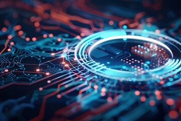 Futuristic 3D Paper Circle with Circuit Board, an abstract design blending engineering and technology, symbolizing digital connectivity and advanced communication systems.