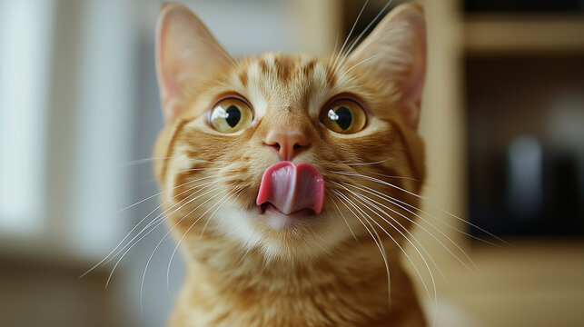 Ginger cat licking its nose with funny expression