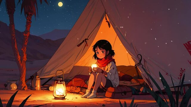 A lofi girl sits inside a glowing tent at night, holding a lantern, surrounded by desert scenery and starry skies seamless loop animation created with generative ai