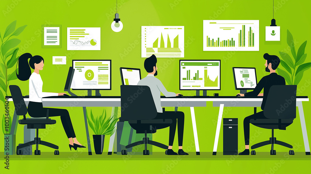 Poster business people analyzing data shown on computer screens in office