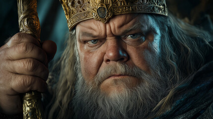 Powerful medieval fantasy king holding a golden scepter