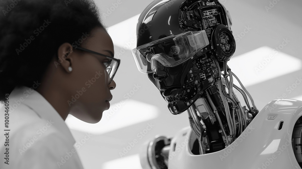 Poster female scientist observing advanced humanoid robot in laboratory