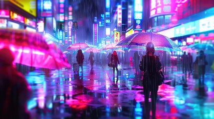 Futuristic Cyberpunk Cityscape, vibrant neon lights illuminating bustling streets, towering skyscrapers, diverse crowd immersed in nightlife, technological marvels, energy pulsating through the air