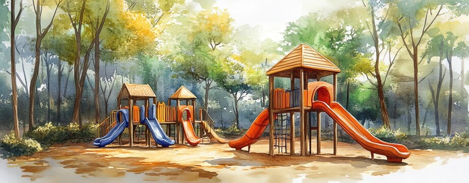 Watercolor sketch of a children's playground in the park